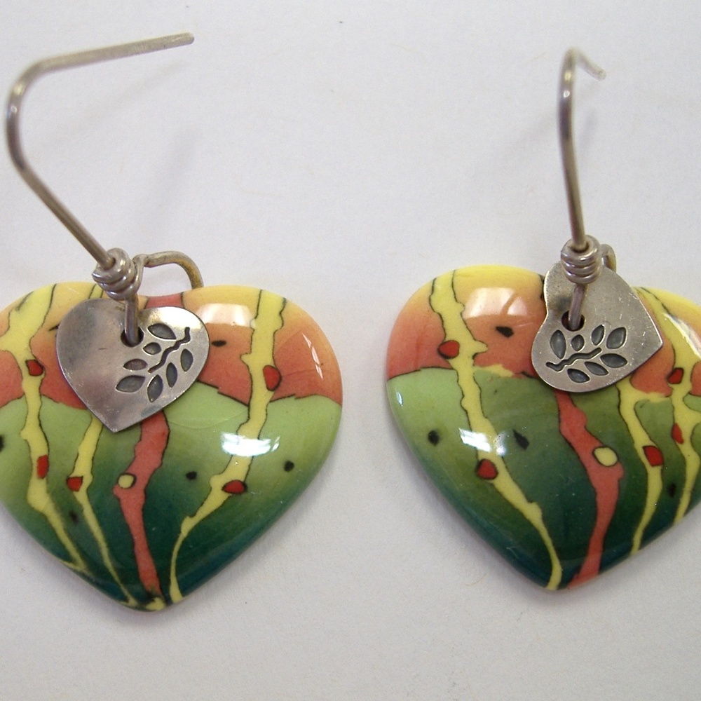 Parrot Heart Earrings Unique Porcelain Ceramic Green Orange Handmade New Gift
